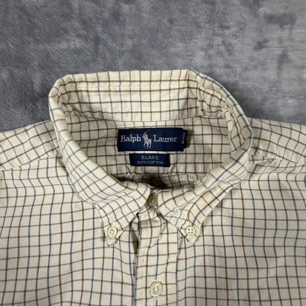 Polo Ralph Lauren Shirt Men's Large Tan Windowpane Plaid Long Sleeve Preppy Pony